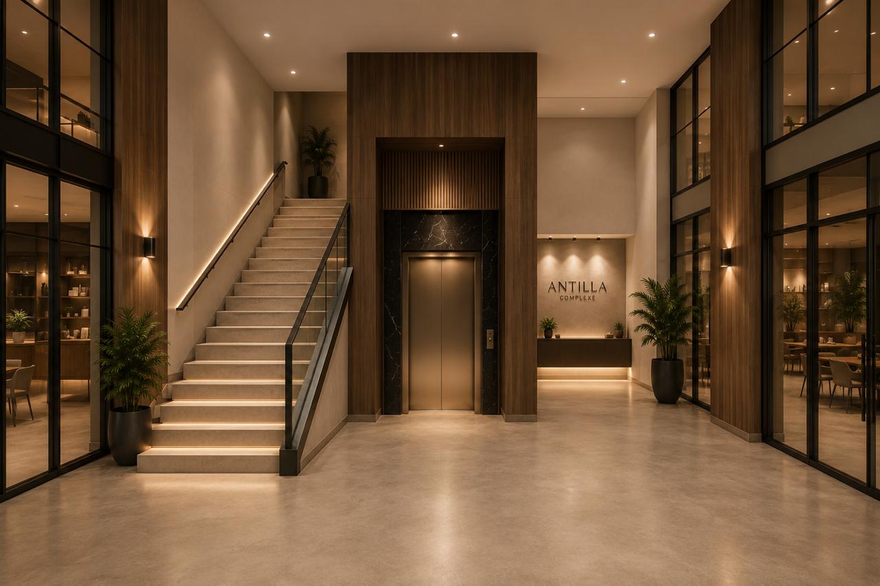 Antilla ground-floor lobby with staircase and elevator